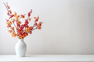 Home interior with decor elements. Colorful autumn leaves and red berries in a vase on a light background. generative ai.