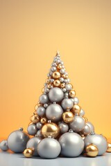 Fototapeta na wymiar festive installation. new year. christmas. golden and silver glass balls stacked in the form of a christmas tree on the light background 3d-illustration