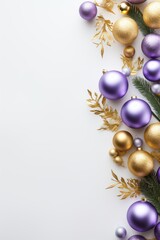 opener. New Year. a special bright Christmas installation of Christmas tree branches purple and golden balls. space for text. white background