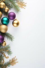 opener. New Year. a special Christmas installation of Christmas tree branches and colorful balls. space for text. white background