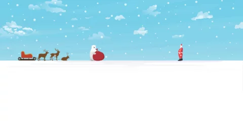 Fotobehang Zeegroen Santa Clause wanted his gifts bag back from naughty polar bear flat design vector illustration. Merry Christmas and Happy New Year greeting card template have blank space.  © Wasitt