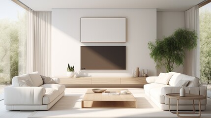 Fototapeta na wymiar Modern minimalist living room with TV and beige sofa.