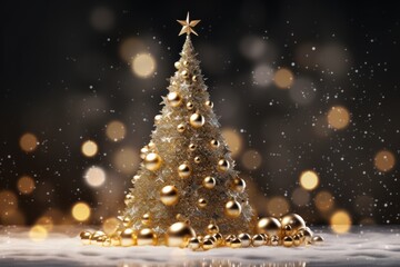 festive installation. new year. christmas. golden glass balls stacked in the form of a christmas tree on the background of illumination at night. 3d-illustration