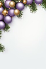 Fototapeta na wymiar poster. New Year. a special Christmas installation of Christmas tree branches purple and golden balls. space for text. white background