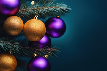bright opener. New Year. a special Christmas installation of Christmas tree branches and colorful balls. space for text. dark azure background