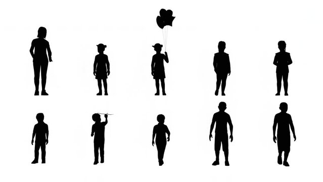 Silhouette Children Walking and Standing on White Background with Alpha Channel