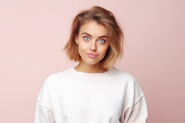 Fototapeta premium Surprise European Girl In White Sweatshirt On Pastel Background