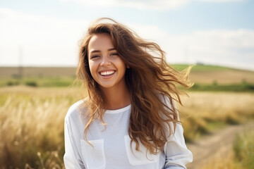 Surprise European Girl In White Jeans On Nature Landscape Background