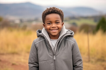 Surprise African Boy In Gray Coat On Nature Landscape Background