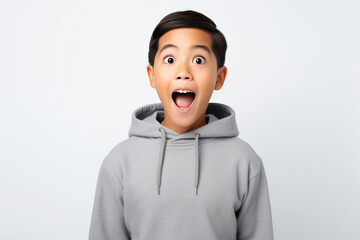 Surprise Asian Boy In Gray Hoodie On White Background