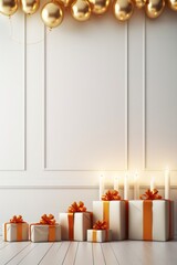 A special Christmas arrangement. candles, golden balloons, gifts.