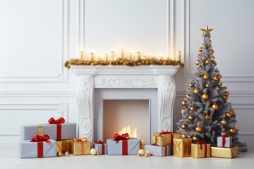A special Christmas arrangement. Symbolic fireplace, candles, golden balls, gifts, decorated Christmas tree .