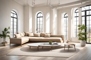Beige corner daybed sofa against windows in room with high ceiling. Minimalist home interior design...