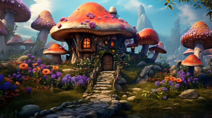 Fantasy mushroom cottage on a colorful meadow