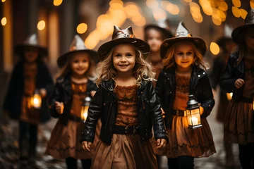 Photo sur Plexiglas Brugges Young Halloween dresses A group of kids trick-or-treating in the suburbs of a city during Halloween at night