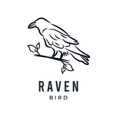 Raven bird or eagle line art hand drawn logo icon vector illustration