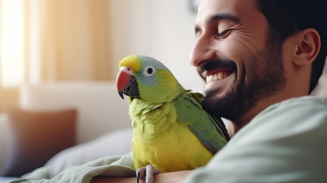 Close-up of friendly and cute Monk Parakeet. Green Quaker parrot is sitting on man shoulder. man is petting parrot.