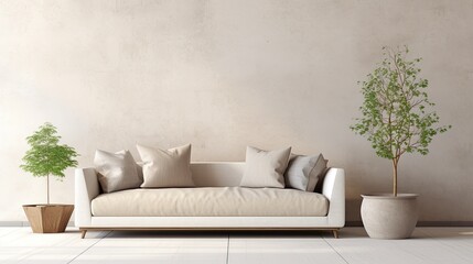 Fototapeta na wymiar The minimalist living room has a sofa and beige walls.