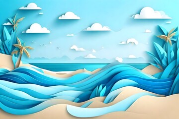 Fototapeta na wymiar Abstract blue sea and beach summer background with paper waves and seacoast for banner, invitation, poster or web site design. Paper cut style, 3d effect imitation, space for text, vector illustration