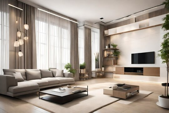 Beige corner daybed sofa against windows in room with high ceiling. Minimalist home interior design of modern living room.