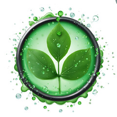 A lush green leaf with a CO2 reducing icon in the center, surrounded by a ring of glimmering water droplets, representing the power of carbon credits and a bio-circular green economy 