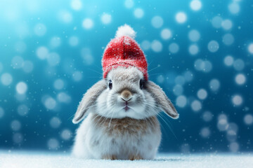 Rabbit with Christmas outfit with blue snowy background, Generative ai