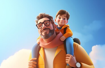 Father walking with his son sitting on shoulders 3d illustration