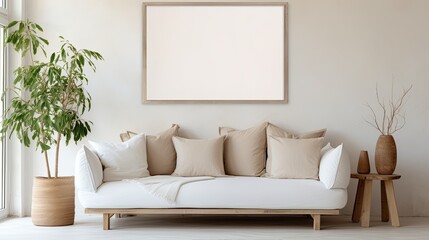 The minimalist living room has a sofa and beige walls.