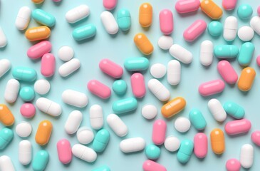 some pills medicines on a bright background top view