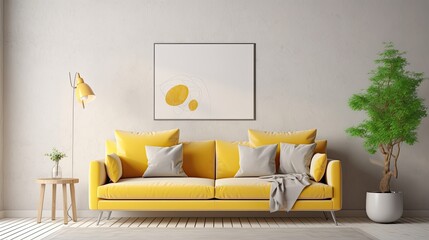 Modern minimalist living room with yellow walls and a sofa.