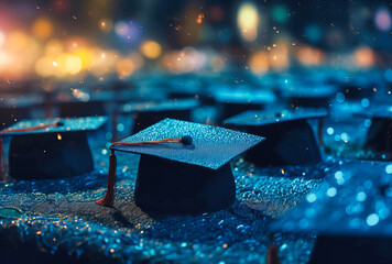 Graduation Caps on Colorful Background - Academic Achievement - obrazy, fototapety, plakaty