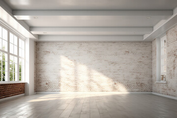 an empty room with a brick ceiling and white walls, generative ai 