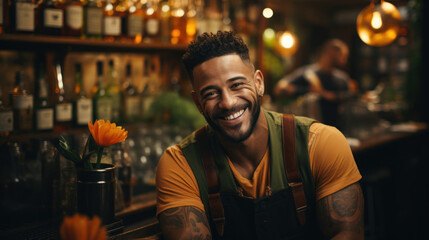 Portrait of smiling african american man in apron at bar counter.