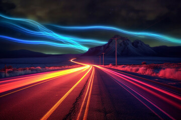 Neon road. A new way in life. A night road outside the city. The beginning of a new path.