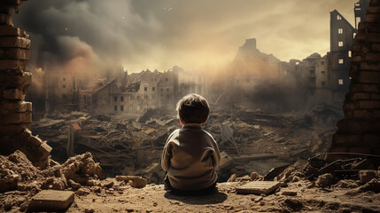child looks at rubble in an old ruins and watches toppling buildings, generative ai 