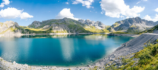 Panorama of Lunersee in the heart of the Raetikon Mountains, Vorarlberg, Austria Europe. Bludenz