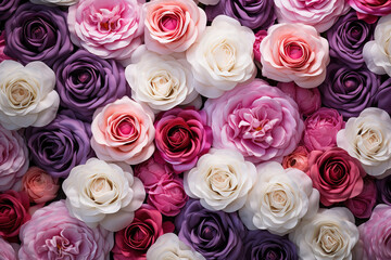 close up of dozens of roses in different colors, generative ai 