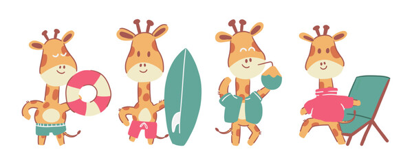 Giraffe . Cute cartoon characters . Hand drawn style . White isolate background . Vector . Summer season concept .