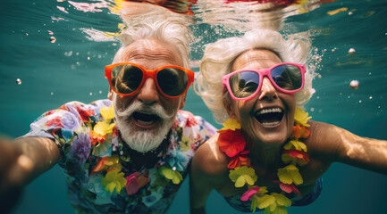 Obraz na płótnie Canvas Happy mature couple has fun in the pool, enjoying summer