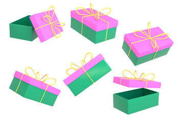 A set of New Year icons and Merry Christmas green gift boxes with a pink bow. The concept of gift boxes for New Year and Christmas decorations. 3d render illustration.