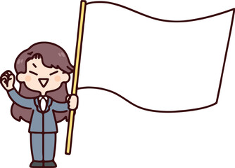 旗を持ち応援するスーツの女性