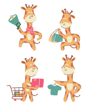 Giraffe . Cute cartoon characters . Hand drawn style . White isolate background . Vector . E-commerce concept .