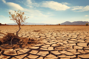 desert field with cracked rock and dry leaves, generative ai
