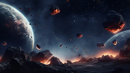Fictional space background with meteorites - obrazy, fototapety, plakaty