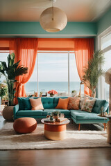 Coastal style home interior design of modern living room. Image created using artificial intelligence.