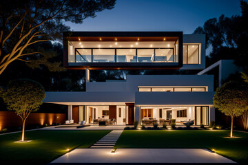 luxurious modern house with elegant garden lighting