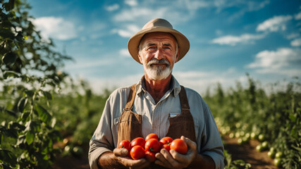 Portrait of elderly man farmer holding red ripe tomatoes in his hands, freshly harvested in own plantation. Concept of homemade tomato growing, organic farming, local production, seasonal harvesting