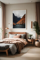 Scandinavian interior design of modern bedroom with big art poster frame. Image created using artificial intelligence.