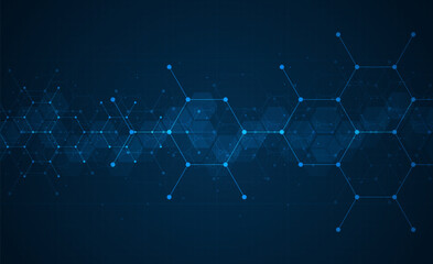 Hexagons pattern on gray background. Genetic research, molecular structure. Chemical engineering. Concept of innovation technology. Used for design healthcare, science and medicine background