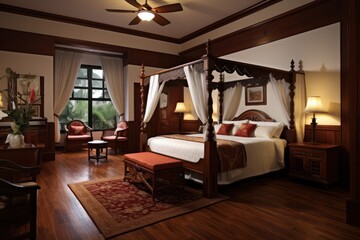 colonial style interior of a hotel room with mahogany elements. Vacation in luxury resort.